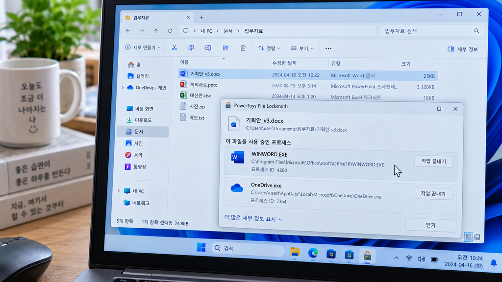 Microsoft PowerToys의 File Locksmith에서 특정 파일을 사용 중인 프로세스가 표시된 화면
