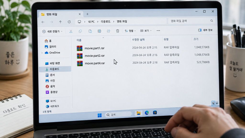 part1, part2, part4만 있고 part3가 없는 분할 RAR 파일 예시