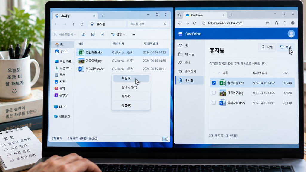 Windows 휴지통과 OneDrive 웹 휴지통을 나란히 비교한 화면
