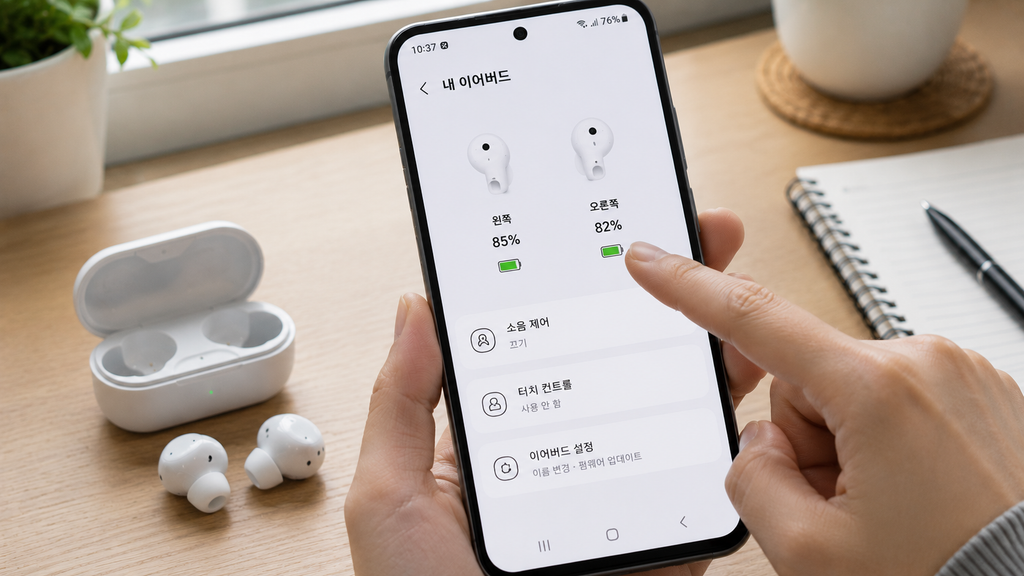 양쪽 이어버드 배터리 잔량이 각각 표시되는 화면