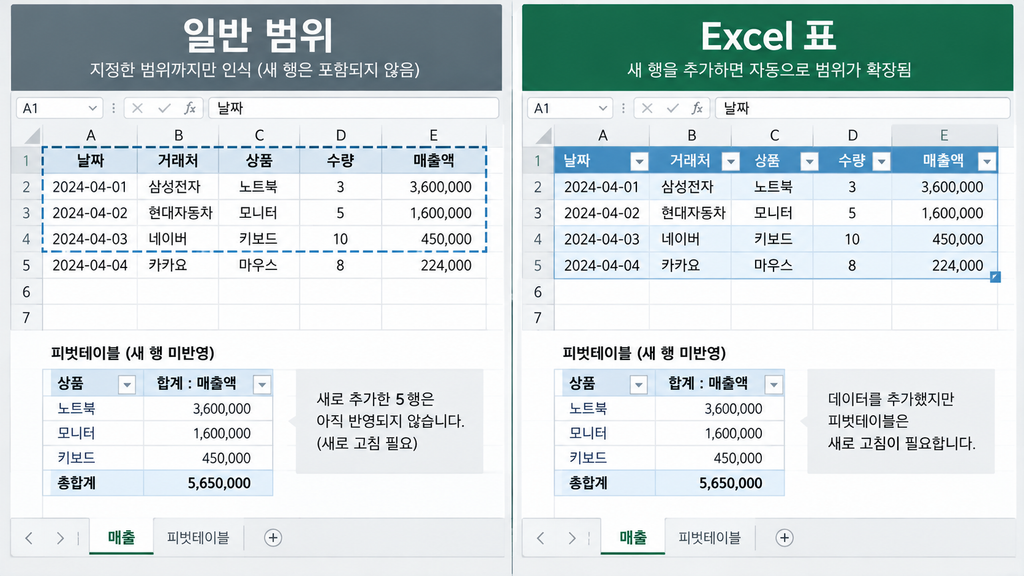 일반 범위와 Excel 표에 각각 새 행을 추가한 비교 화면