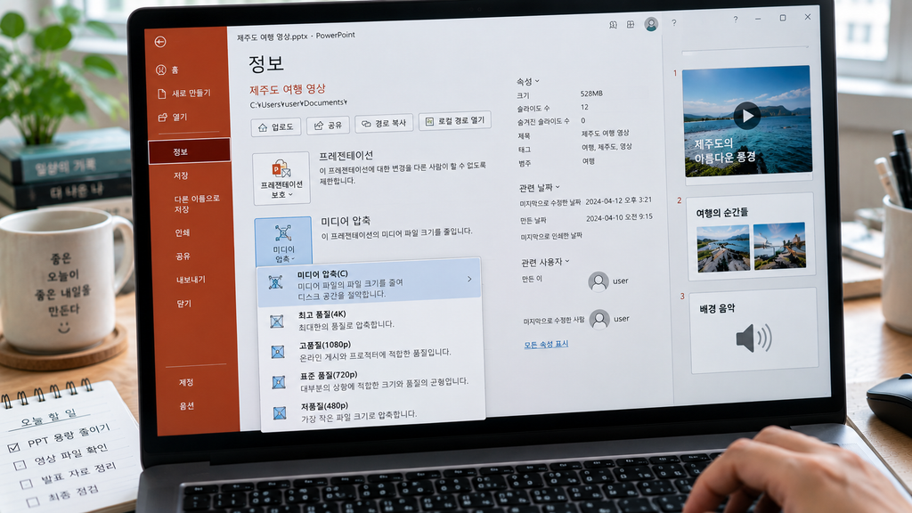 PowerPoint ‘파일 → 정보’에서 미디어 압축 메뉴가 보이는 화면