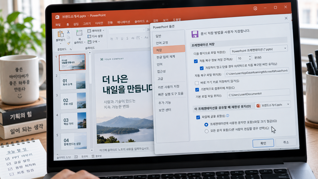 PowerPoint 저장 옵션에서 ‘파일에 글꼴 포함’이 표시된 화면