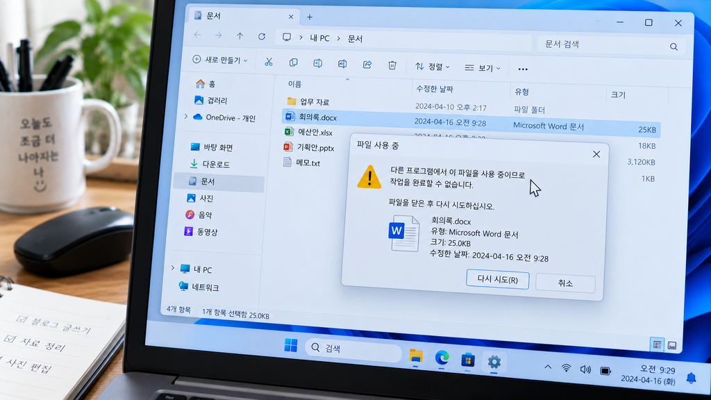 Windows에서 파일 삭제 또는 이동 실패 메시지가 나타난 화면