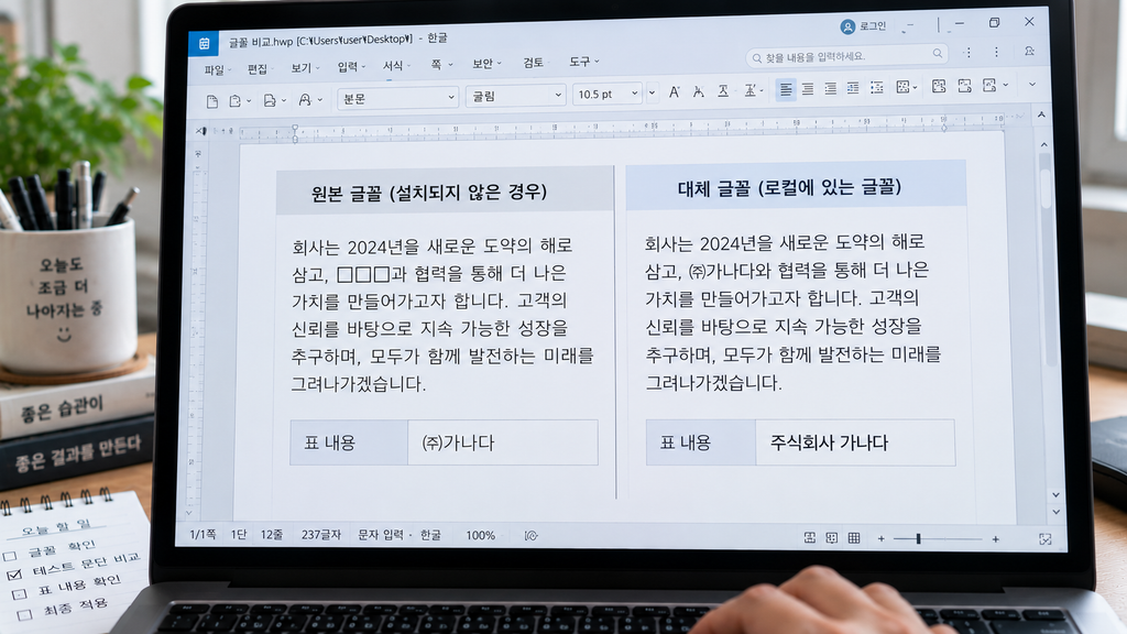 동일 문장을 두 개의 다른 글꼴로 비교한 화면