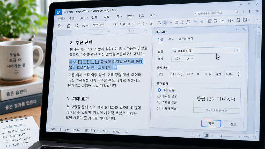 문제가 있는 문장을 선택한 뒤 ‘글자 모양’ 창을 연 화면