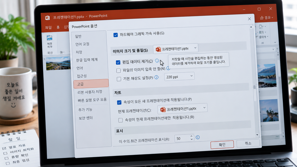 PowerPoint 옵션의 ‘이미지 크기 및 품질’ 설정 화면